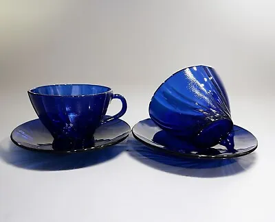 Set Of 2 Cobalt Blue Glass Tea Cup & Saucers Vereco France Swirl Vintage- EUC • $14.75