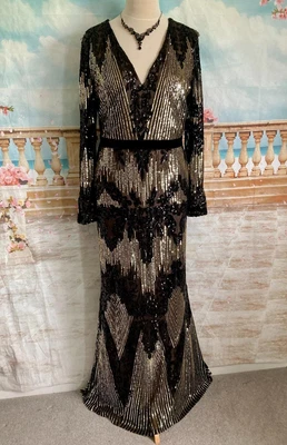£85 • Buy Evening Dress 20 Black Gold Sequin Goddiva Ballgown Prom Deco 1920's Fishtail