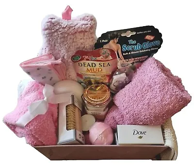 Ladies Spa Pamper Basket Bouquet Boxed Hamper Mother's Day Gift Pink Bow • £26.94