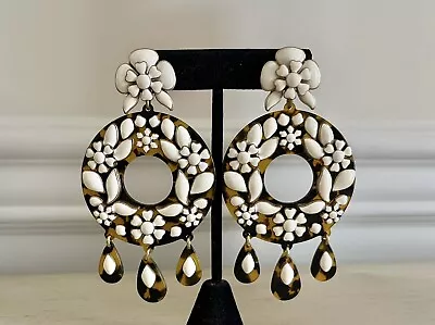 J Crew  Beaded Tortoise Ivory Enamel Open Circle Floral Drop Statement Earrings • $42.49