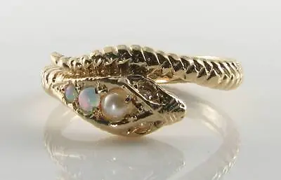 Snake 9k 9ct Gold Pearl Opal Diamond Art Deco Ins Eternity Snake Ring Free Size • £299