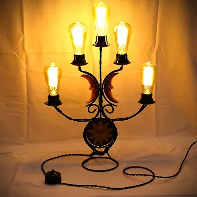 The Art Of Lighting Vintage Table Lamp 5 Edison Type Lamps Wood Carving Sun Moon • $115