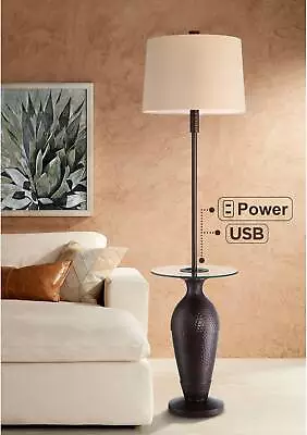 Fallon Rustic Floor Lamp Tray Table 66  Tall Bronze Hammered USB And Outlet • $199.95