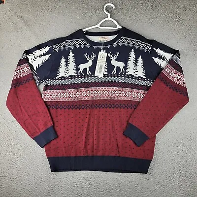 Christmas Sweater Mens 2XL Blue Fair Isle Crew Neck Pullover Knit Moose Trees • $25