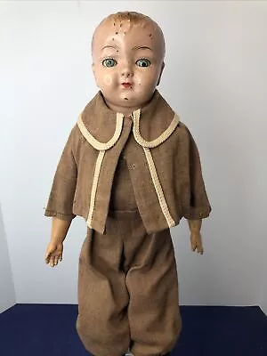 20” Antique German Metal Head Doll Painted Face Tin Eyes Leather Body #o • $60