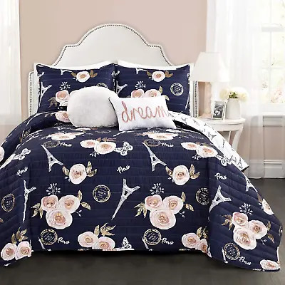 Navy Vintage Paris Rose Butterfly 4-Piece Quilt Bed Set Reversible Bedding (Twi • $127.05