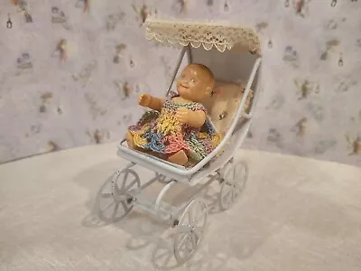 Vintage Renwal Baby In White Metal Stroller Miniature Dollhouse Furniture 1:16 • $6.95