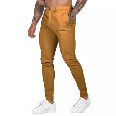 Mens Chino Pants Cotton Stretch Slim Fit Belt Zip Fly Trouser Casual Work School • $24.89