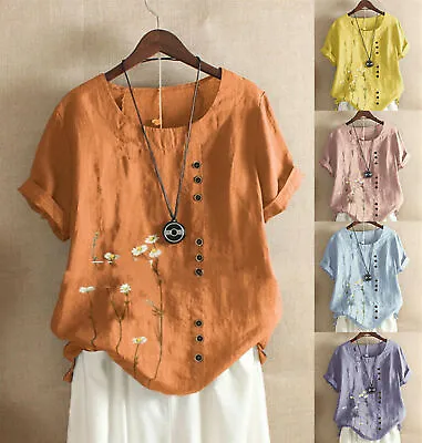 $10.16 • Buy Women Cotton Linen Summer Floral Blouse Tops Ladies Short Sleeve Shirt Plus Size