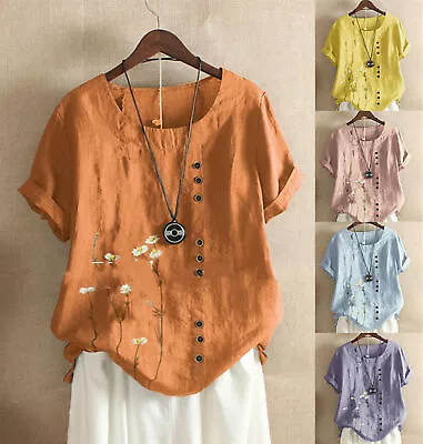 $10.16 • Buy Women Cotton Linen Summer Floral Blouse Tops Ladies Short Sleeve Shirt Plus Size