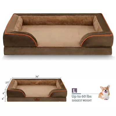 Large Dog Bed Orthopedic Foam 3+1/2Side Bolster Brown Pet Sofa W/Removable Cover • $25.99