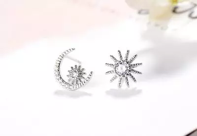 Silver Tiny Sun Ray Moon Star Pave Cubic Zirconia White Gold Stud Earring • $8.99