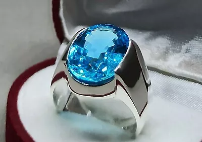 12 Carat Oval Cut Fresh Blue Topaz Sterling Silver 925 Handmade Mens Plain Ring • £92