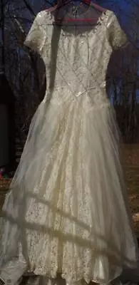 Vtg 80s Cream Ivory Dress Sz 10 Open Back Lace Bow Ankle Length Prom Wedding • $45.99