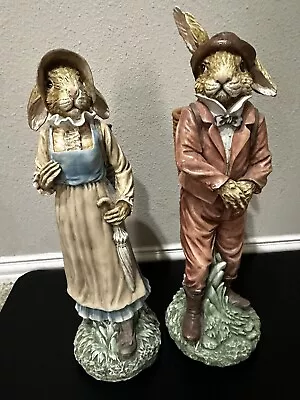 Henri Chrisdon  MR. & MRS. RABBIT  W/Baskets ~ Resin Figurines ~ 2002 ~ 12  Tall • $160