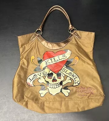 Vintage Y2K Ed Hardy LOVE KILLS SLOWLY Large Tote Brown Bronze Hand Bag Carry • $19.95