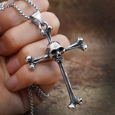 Mens Gothic Biker Skull Cross Pendant Necklace Chain Men Stainless Steel Gift • $1.02