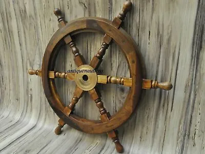 £35.40 • Buy 18  Nautical Wooden Ship Steering Wheel Pirate Wood Brass Fishing Wall Décor 