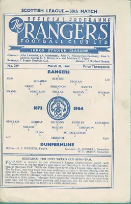 Rangers V Dunfermline Athletic 21 Mar 1964 League • $6.30