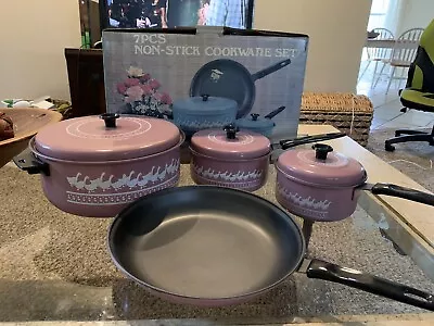 Vintage New 7pc Non-Stick Cookware Set Pans Pots Mauve Pink Geese Retro Kitchen • $100