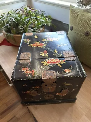 Vintage Asian  Jewelry Box Cabinet In Black Lacquer Inlay Wooden Brass • $125