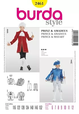 Burda 2461 Sewing Pattern Boys' Child's Kids' Mozart Prince Costumes Size 6-12 • $13.95