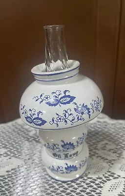 Vintage Miniature Ceramic Blue Onion Oil Lamp With Shade. EUC • $25