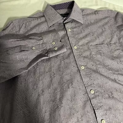 Bugatchi Uomo Men’s Long Sleeve Shirt Purple @Embroidered Print •Flip Cuff Sz Lg • $30