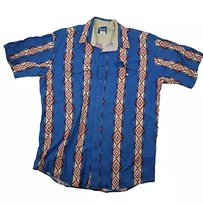 Vintage Wrangler Mens XXL Southwestern Aztec Print Pearl Snap Down Shirt Blue • $39.95