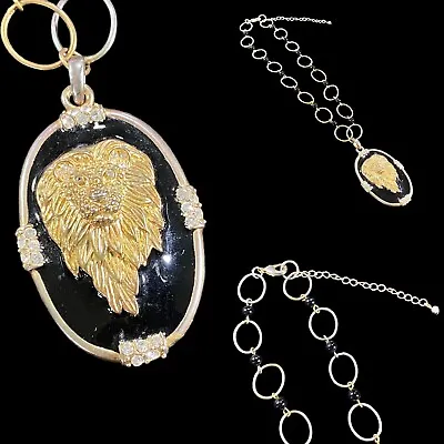 Lion Face Head Pendant Necklace Costume Jewelry  Goldtone Metal Black 18 In+ Ext • $14.95