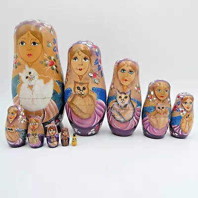 Russian Matryoshka Nesting Dolls Girls & Cats Set Of 10 Hand Painted 8 Inch • $24.98