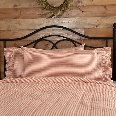 Farmhouse King Ticking Stripe Pillow Case Set Of 2 Red Bedroom Decor VHC Brands • $25.53