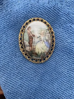 Vintage Porcelain Brooch Pin Courting Couple Hand Painted • $5.50