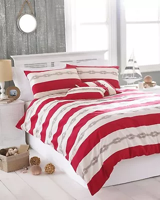 Double Cream & Red Reef Knot Nautical Duvet Cover Set By Riva Home Polycotton • £17.99