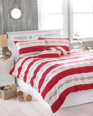 King Size Cream & Red Reef Knot Nautical Duvet Cover Set By Riva Home Polycotton • £19.99