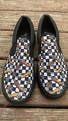 Vintage Ed Hardy Slip On Sneakers Printed Canvas Loafers Tiger Checkerboard Sz 9 • $40