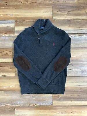 Polo Ralph Lauren Gray Pullover Shawl Collared With Elbow Patches Size Medium • $23