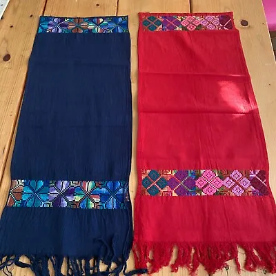 Lot Of 2 Maya Mexican Chiapas Rectangle Embroidered Table Runner Scarf 12x54 In • $20