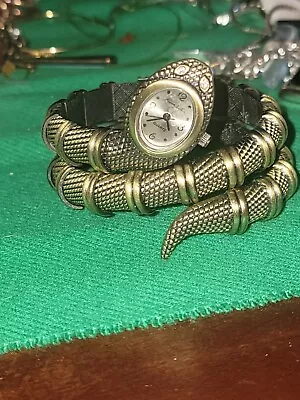 Vintage Kenneth Jay Lane Signed Snake Wrap Watch Gold Tone With Rhinestone Eyes • $35