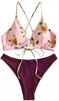 ZAFUL Women Braided Straps Lace Up Bikini Set Bralette Swimsuit Flower Bathing S • $71.06