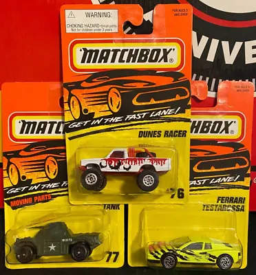 Matchbox - Dunes Racer #76 Weasel Tank #77 Ferrari Testarossa #78 MOC • $1.99