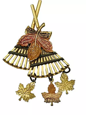 Vintage Leaf Raking Pin Brooch  Gold Tone Rake Dangling Maple Leaves Autumn Fall • $6.99