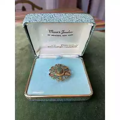 VINTAGE Van Dell 12K GOLD Filled JADE Filigree MCM Pin Brooch Original BOX MCM • $24.99