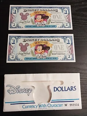 Disney Money 1993 $1 Mickey's 65th Anniversary Dollar Bill Lot Of 2 And Envelope • $109.99