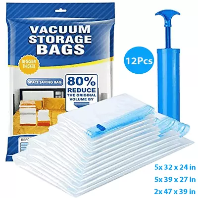 12 X Jumbo Vacuum Storage Bags Travel Space Saver Garment Seal Clothes Hand Pump • $17.98