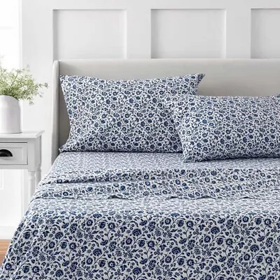 NEW Martha Stewart Bleach Master 4-piece Sheet Set Queen Dark Blue Floral • $44