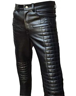 Men Real Black Leather Quilted Design Motorcycle Bikers Pants Jeans TROUSER • $109.99