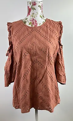 DECJUBA Size 14 Women's Brown Broderie Anglaise Cold Shoulder Casual Top Blouse • $21