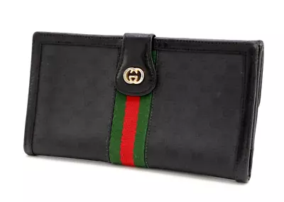 Gucci Vintage Wallet Bifold Long Card Purse Sherry Micro GG Black Authentic • $228.99