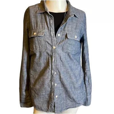 J Crew The Perfect Shirt Blue Chambray Roll Tab Long Sleeve Button-Up Top Sz XS • $16.99